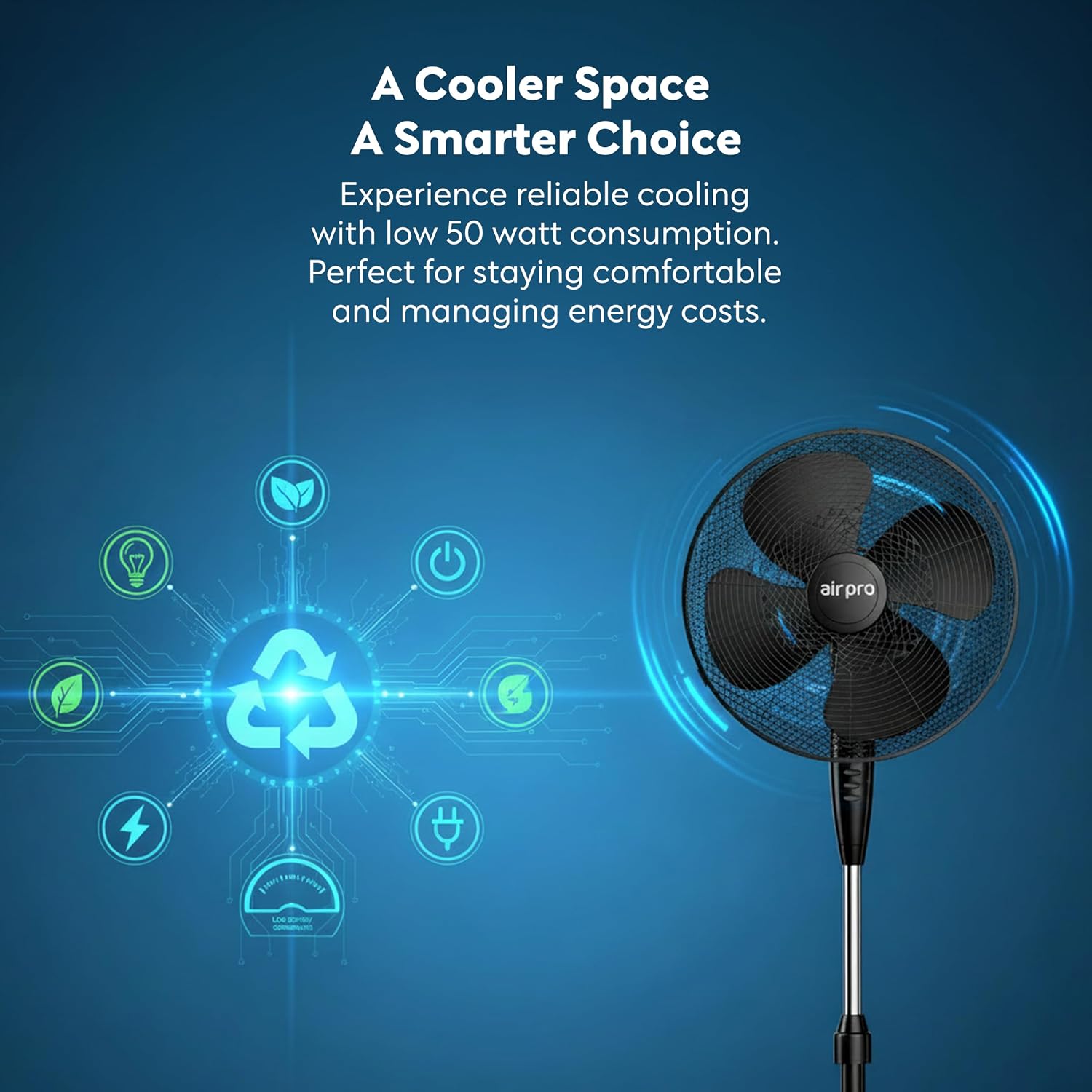 Air Pro 16" Pedestal Fan Oscillating Fan Air Cooling & Electric Fan Circulator 50” Tall Adjustable Height Cooling Fan 3 Speeds 70° Oscillation Variable Tilt Suitable for Home Office, Bedroom, Kitchen